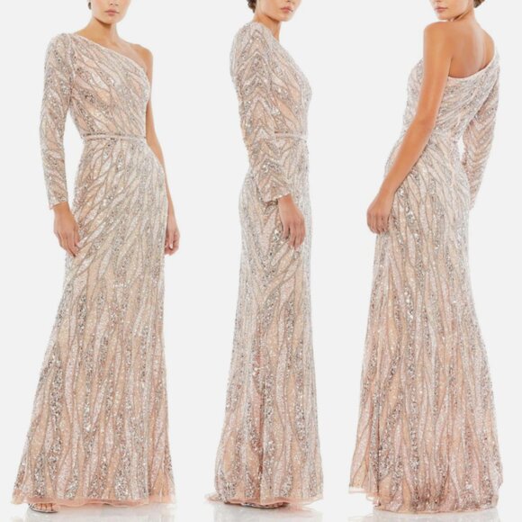 MAC DUGGAL 4982 EMBELLISHED ONE SLEEVE W/ SEQUIN BELT ROSE GOLD GOWN  sz 14 - Picture 3 of 3